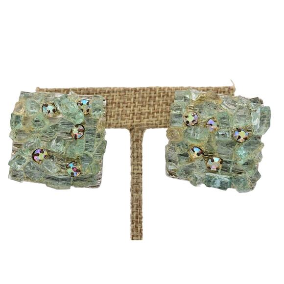 Lori B Vintage Crystal Earrings Pressed Glass Green AB Heavy Signed 1980s Bin4 - Picture 1 of 12